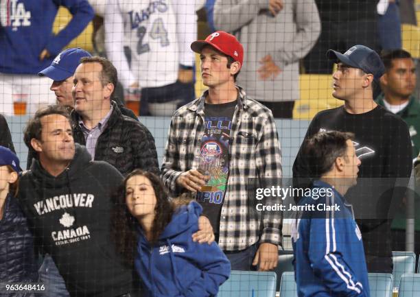 Actor Miles Teller attends the Los Angeles Dodgers Game at Dodger Stadium on May 29, 2018 in Los Angeles, California.