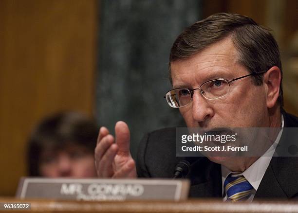 Chairman Kent Conrad, D-N.D., during the Senate Budget hearing with White House Budget Director Peter R. Orszag testifies on President Obama's fiscal...