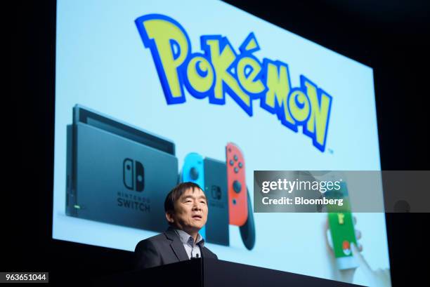 Tsunekazu Ishihara, chief executive officer of Pokemon Co., speaks during a Pokemon news conference where the company unveiled the video games...