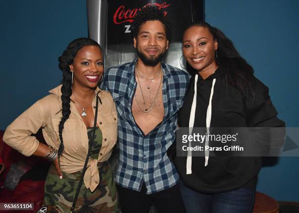 Kandi Burruss, Jussie Smollett, and Cynthia Bailey pose backstage during "Sum of My Music" tour at The Masquerade on May 29, 2018 in Atlanta, Georgia.