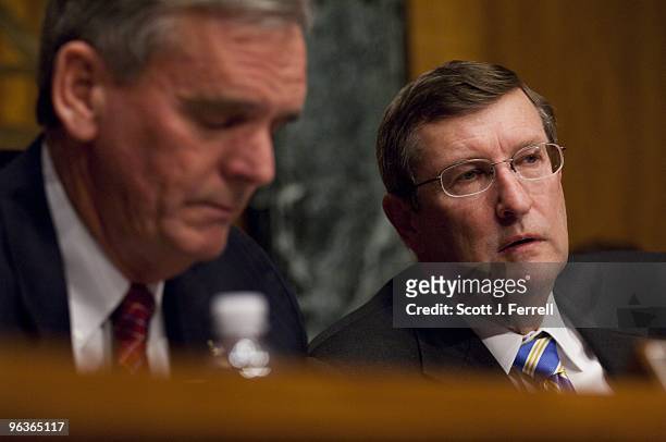 Ranking member Judd Gregg, R-N.H., and Chairman Kent Conrad, D-N.D., during the Senate Budget hearing with White House Budget Director Peter R....
