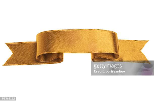golden silk ribbon banner on white background - satin ribbon stock pictures, royalty-free photos & images