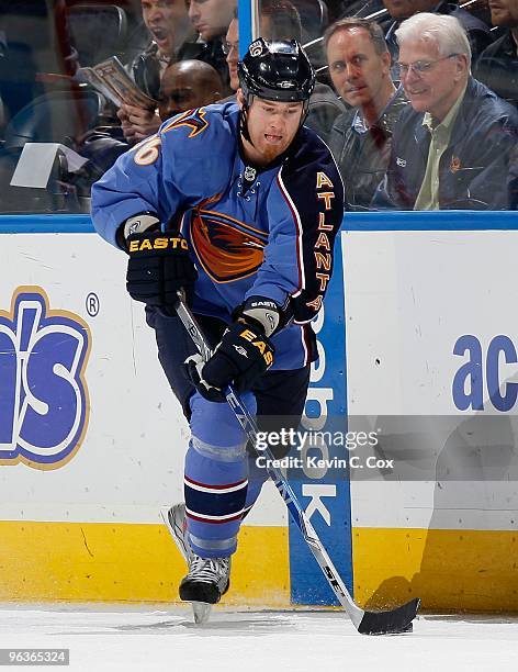 Eric Boulton of the Atlanta Thrashers against the Anaheim Ducks at Philips Arena on January 26, 2010 in Atlanta, Georgia.