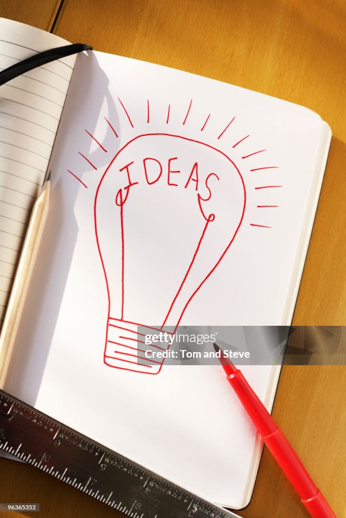 A note pad with an illustration of a bright ideas