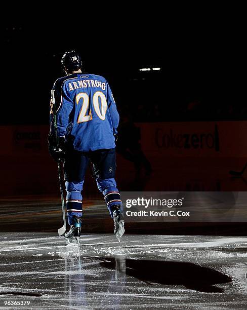 Colby Armstrong of the Atlanta Thrashers against the Anaheim Ducks at Philips Arena on January 26, 2010 in Atlanta, Georgia.