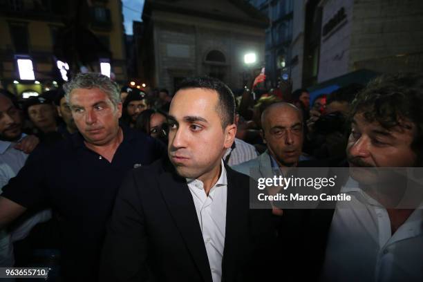 The political leader of the 5 Star Movement, Luigi Di Maio, during a rally in Naples, greets his supporters.