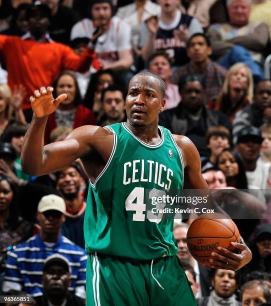 Kendrick Perkins of the Boston Celtics against the Atlanta Hawks at Philips Arena on January 29, 2010 in Atlanta, Georgia. NOTE TO USER: User...