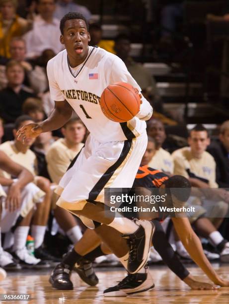 Al-Farouq Aminu of the Wake Forest Demon Deacons looks to start a fast break after a Miami Hurricanes turnover on February 2, 2010 in Winston-Salem,...