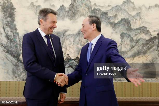 Chinese Vice President Wang Qishan greets International Committee of the Red Cross President Peter Maurer at Zhongnanhai on May 30, 2018 in Beijing,...