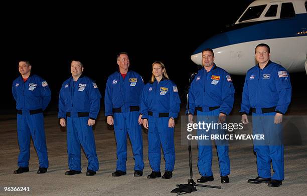 The US space shuttle Endeavour's crew arrives on February 2, 2010 at Kennedy Space Center, Florida in preparation for the STS-130 mission to the...