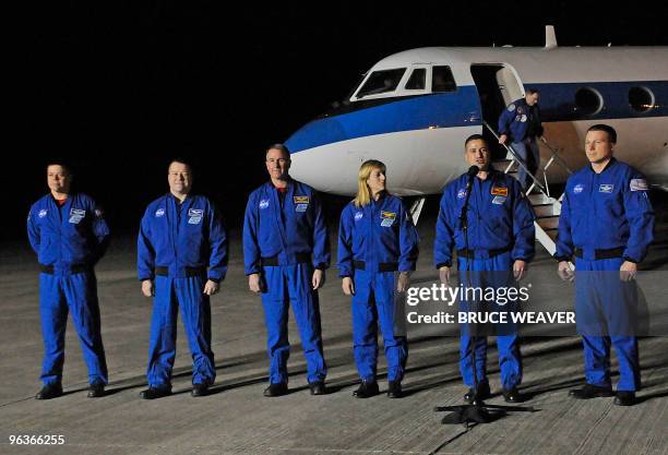 The US space shuttle Endeavour's crew arrives on February 2, 2010 at Kennedy Space Center, Florida in preparation for the STS-130 mission to the...