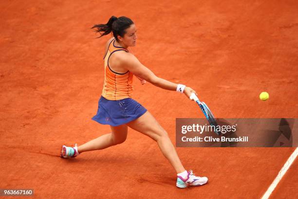 Lara Arruabarrena of Spain volleys during the ladies singles first round match against Petra Kvitova of Czech Republic during day four of the 2018...