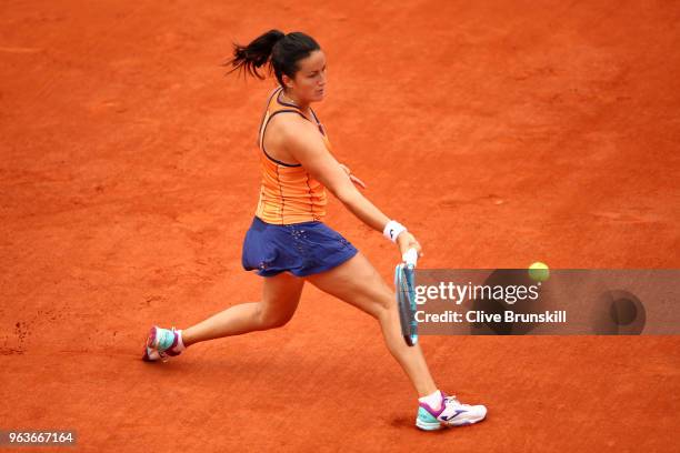 Lara Arruabarrena of Spain volleys during the ladies singles first round match against Petra Kvitova of Czech Republic during day four of the 2018...