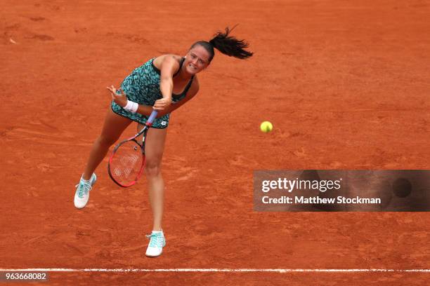 Viktoria Kuzmova of Slovakia serves during the ladies singles second round match against Elina Svitolina of Ukraine during day four of the 2018...