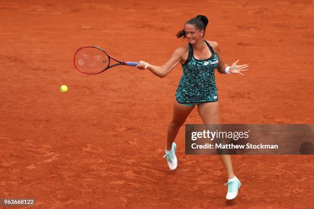 Viktoria Kuzmova of Slovakia plays a forehand during the ladies singles second round match against Elina Svitolina of Ukraine during day four of the...