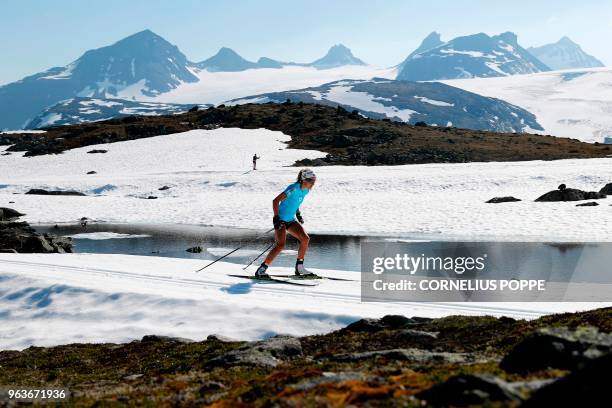 Norwegian cross-country skier Therese Johaug takes part in a training session at the Sognefjellet mountain pass between Luster and Lom in Norway on...