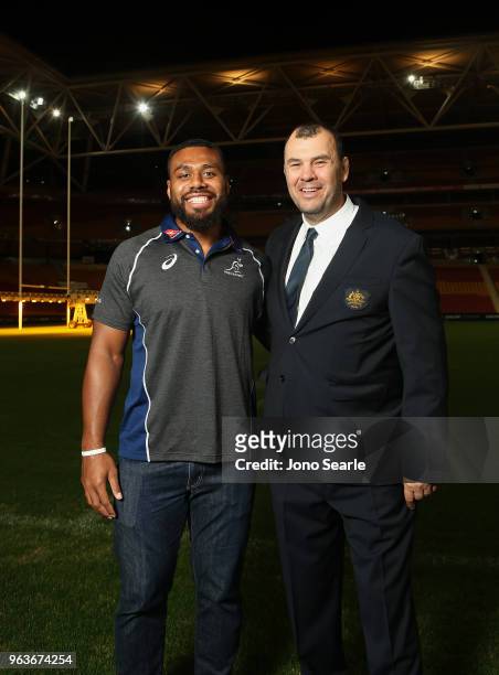 Samu Kerevi of the QLD Reds and Wallabies Coach Michael Cheika pose during the Australia Wallabies squad announcement at Suncorp Stadium on May 30,...
