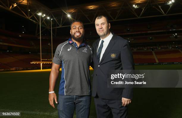 Samu Kerevi of the QLD Reds and Wallabies Coach Michael Cheika pose during the Australia Wallabies squad announcement at Suncorp Stadium on May 30,...