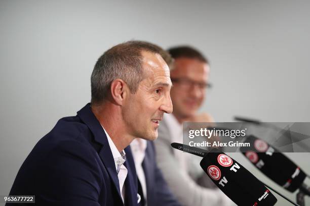Adi Huetter talks to journalists during his presentation as new head coach of Eintracht Frankfurt at Commerzbank-Arena on May 30, 2018 in Frankfurt...