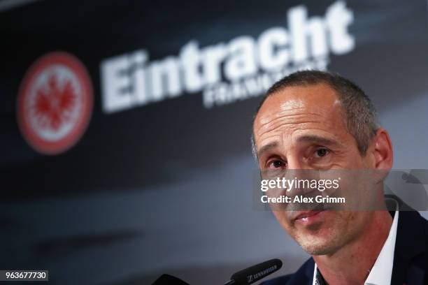 Adi Huetter talks to journalists during his presentation as new head coach of Eintracht Frankfurt at Commerzbank-Arena on May 30, 2018 in Frankfurt...