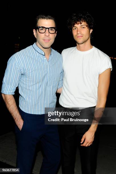 Zachary Quinto and Miles McMillan attend Global Road Entertainment With The Cinema Society Host The After Party For "Hotel Artemis" at Society Cafe,...