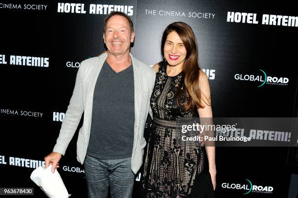 Simon Kirke and Maria Figueredo attend Global Road Entertainment With The Cinema Society Host A Screening Of "Hotel Artemis" at Laduree Soho on May...