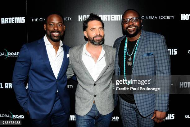 Sterling K. Brown, Drew Pearce and Brian Tyree Henry attend Global Road Entertainment With The Cinema Society Host A Screening Of "Hotel Artemis" at...