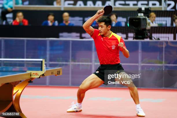 Zhang Jike of China competes in the Men's Singles qualifying match against Quadri Aruna of Nigeria during day two of the Seamaster 2018 ITTF World...