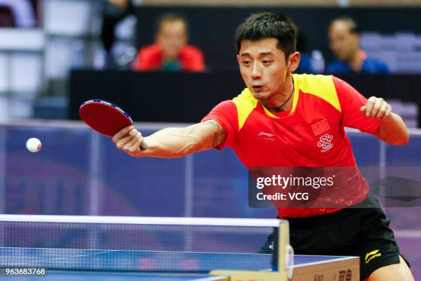 Zhang Jike of China competes in the Men's Singles qualifying match against Quadri Aruna of Nigeria during day two of the Seamaster 2018 ITTF World...