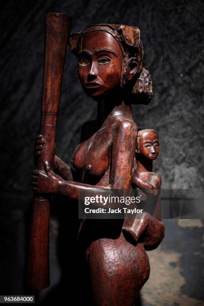Mother and Child sculpture from Mabea, Cameroon, 1920's - 1930's stands during a press preview at Summers Place Auctions on May 30, 2018 in...