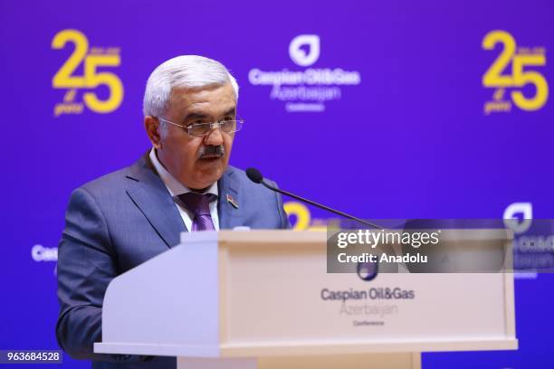 President of State Oil Company of Azerbaijan Republic Rovnag Abdullayev speaks during the 25th Caspian International Oil and Gas Conference in Baku,...