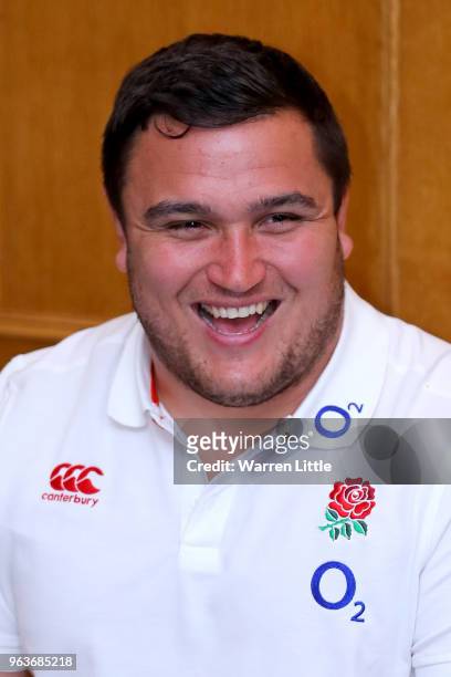 Jamie George of England speaks to the media at Pennyhill Park on May 30, 2018 in Bagshot, England.