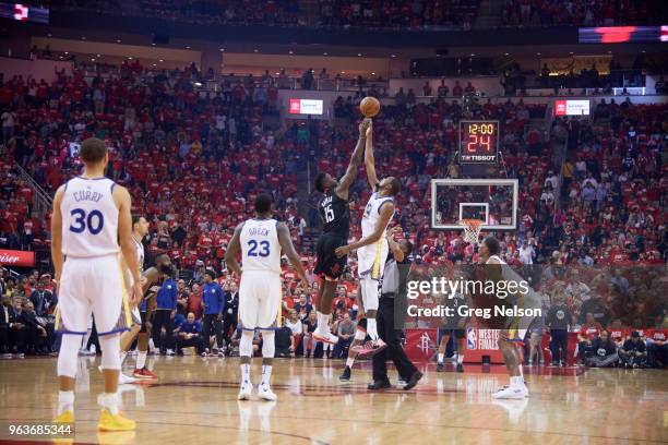 Playoffs: Golden State Warriors Kevin Durant in action, tipoff vs Houston Rockets Clint Capela at Toyota Center. Game 5. Houston, TX 5/24/2018...