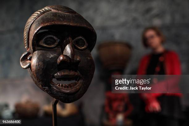 Runner Mask, "Mabu" from the Wum people, Cameroon, 1930s stands during a press preview at Summers Place Auctions on May 30, 2018 in Billingshurst,...