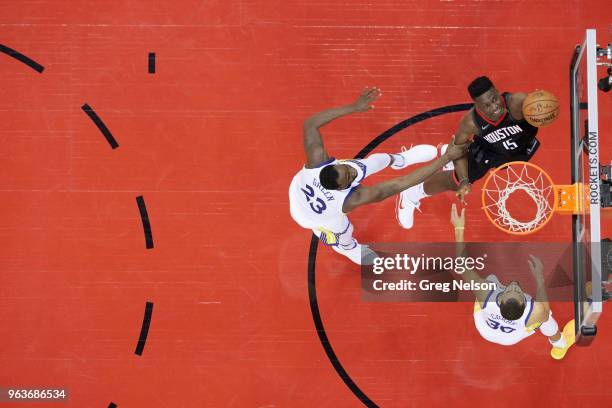 Playoffs: Aerial view of Houston Rockets Clint Capela in action vs Golden State Warriors Draymond Green at Toyota Center. Game 5. Houston, TX...