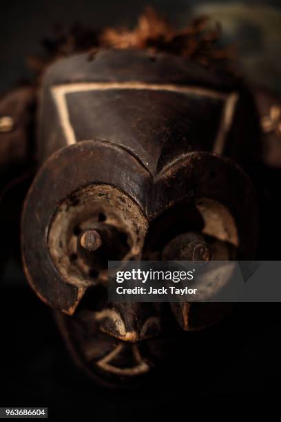 Kuba Mask with feather top, Congo sits during a press preview at Summers Place Auctions on May 30, 2018 in Billingshurst, England. Summers Place...