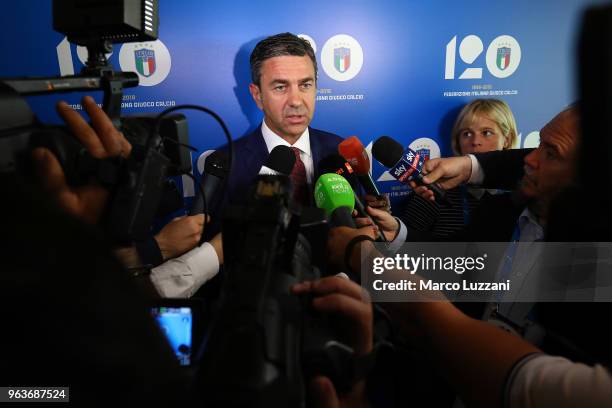 Alessandro Costacurta speaks to the media during the unveiling of 'Report Calcio', Italian Football Federation annual report, on May 30, 2018 in...