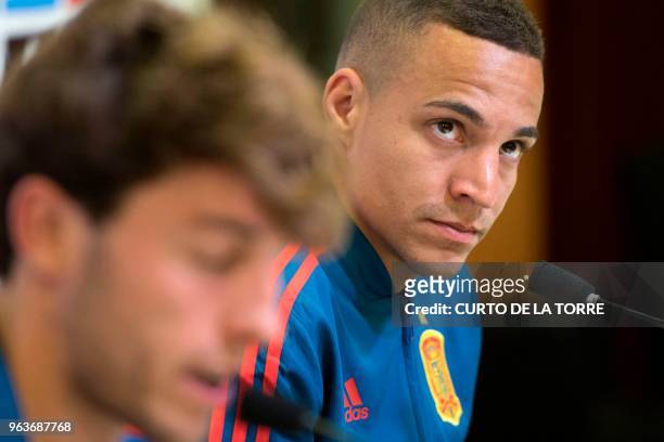Spain's forward Rodrigo Moreno holds a press conference after a training session of Spain's national football team at the City of Football in Las...