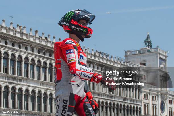 MotoGP rider Jorge Lorenzo films in St. Mark's Square to promote the Italian Grand Prix at Mugello this weekend on May 30, 2018 in Venice, Italy.
