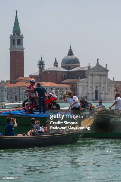 MotoGP rider Jorge Lorenzo films in front of St. Mark's Square to promote the Italian Grand Prix at Mugello this weekend on May 30, 2018 in Venice,...