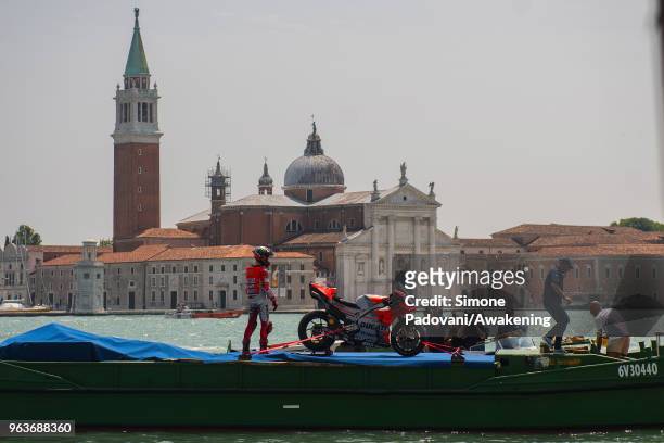 MotoGP rider Jorge Lorenzo films in front of St. Mark's Square to promote the Italian Grand Prix at Mugello this weekend on May 30, 2018 in Venice,...