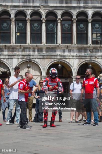 MotoGP rider Jorge Lorenzo films in St. Mark's Square to promote the Italian Grand Prix at Mugello this weekend on May 30, 2018 in Venice, Italy.