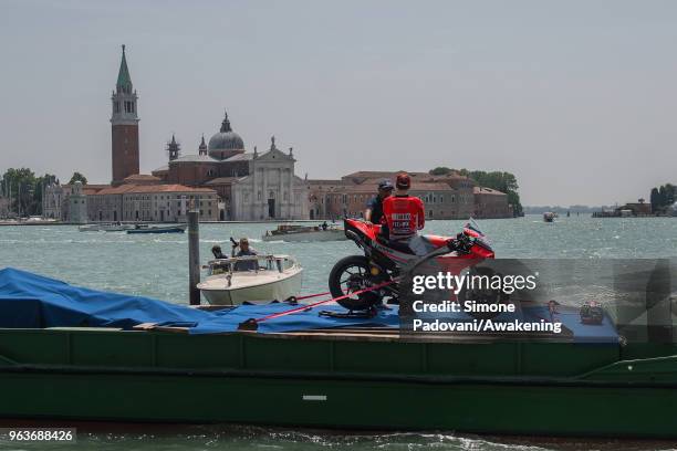 MotoGP rider Jorge Lorenzo films in front of St. Mark's Square to promote the Italian Grand Prix at Mugello this weekend on May 30, 2018 in Venice,...