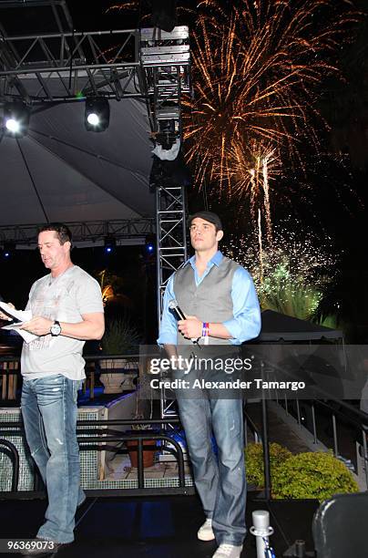 Mike Goldberg and Ryan Franklin are seen at the Bud Light Hotel for the UFC Exhibition presented by Bud Light Hotel at Doubletree Surfcomber Hotel -...