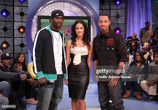 Player Michael Vick visits BET's "106 & Park" with hosts Rocsi and Terrence J. At BET Studios on February 2, 2010 in New York City.