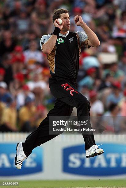 Jacob Oram of New Zealand bowls during the Twenty20 International match between New Zealand and Bangladesh at Seddon Park on February 3, 2010 in...
