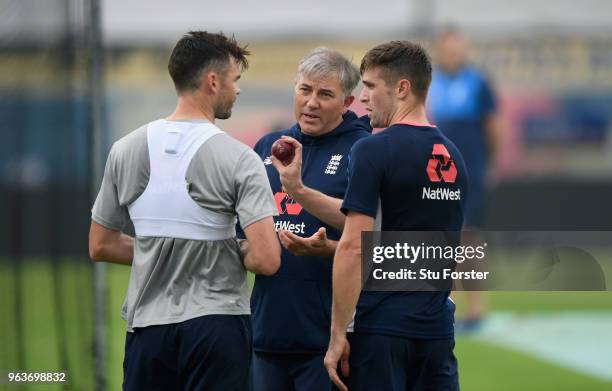 England bowling coach Chris Silverwood with bowlers James Anderson and Chris Woakes during nets ahead of the 2nd Test Match against Pakistan at...