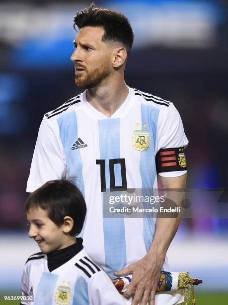 Lionel Messi of Argentina looks on before an international friendly match between Argentina and Haiti at Alberto J. Armando Stadium on May 29, 2018...