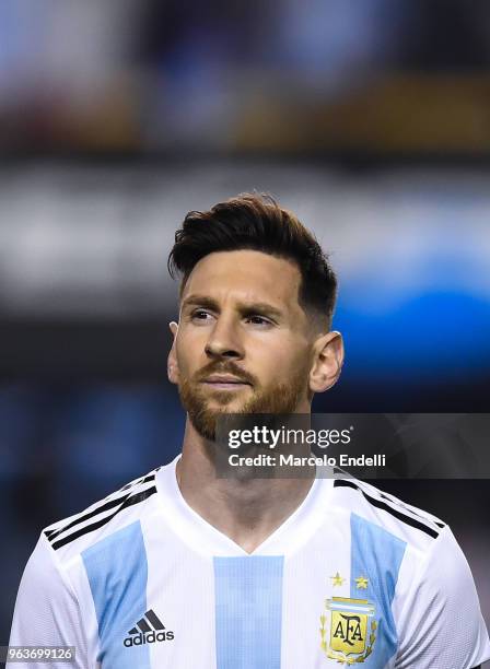 Lionel Messi of Argentina looks on before an international friendly match between Argentina and Haiti at Alberto J. Armando Stadium on May 29, 2018...