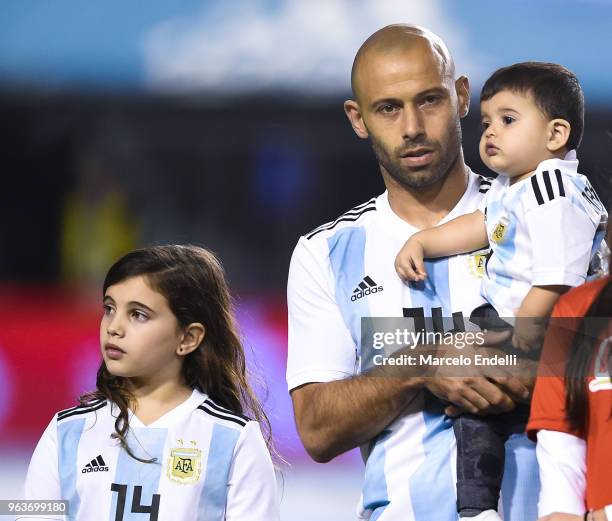 Javier Mascherano of Argentina looks on prior an international friendly match between Argentina and Haiti at Alberto J. Armando Stadium on May 29,...